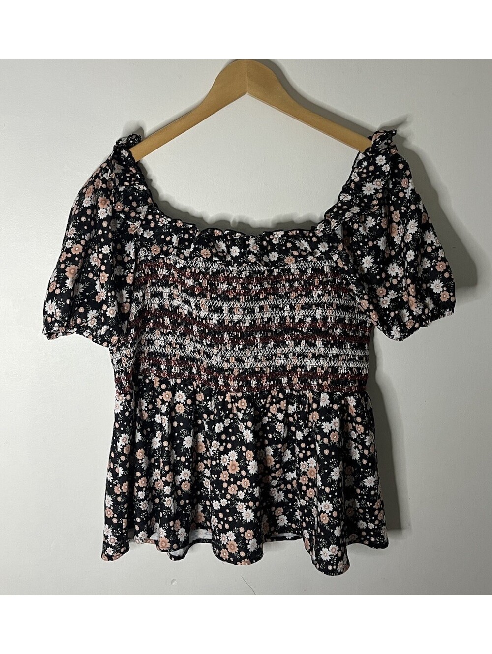 Grace Karin Bohemian Floral Smocked Ruffle On/Off The Shoulder Babydoll Top 2XL